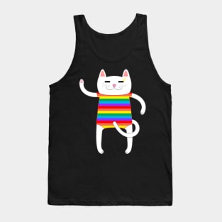 White Cat Wearing a Rainbow Striped Onesie One Piece Swimsuit Tank Top
